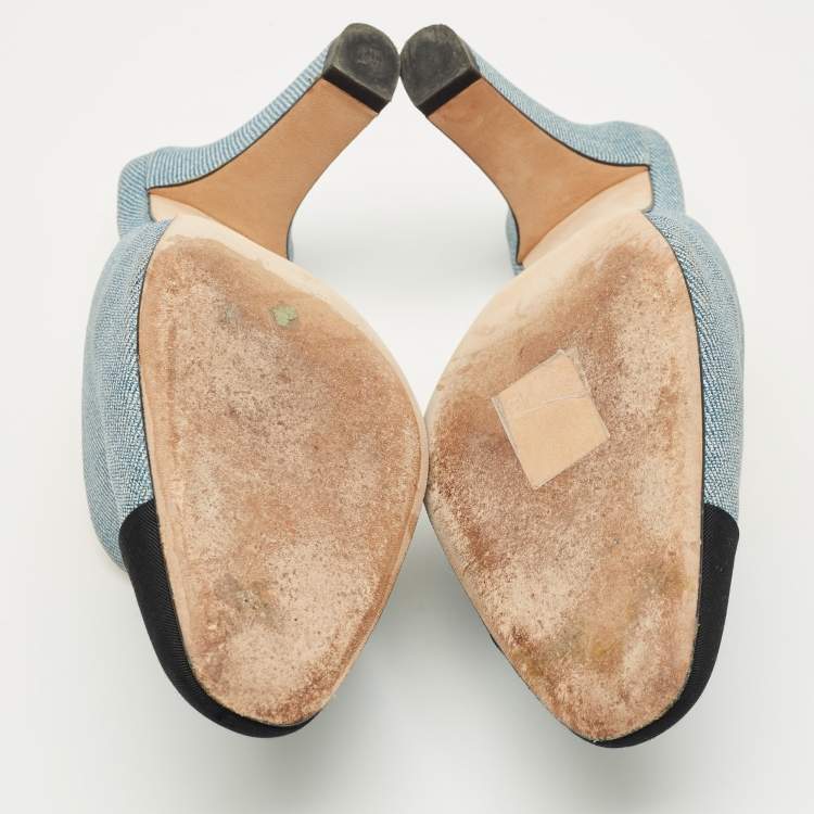 Pre Owned Chanel Blue/Black Denim and Fabric CC Cap Toe Mules Size 36
