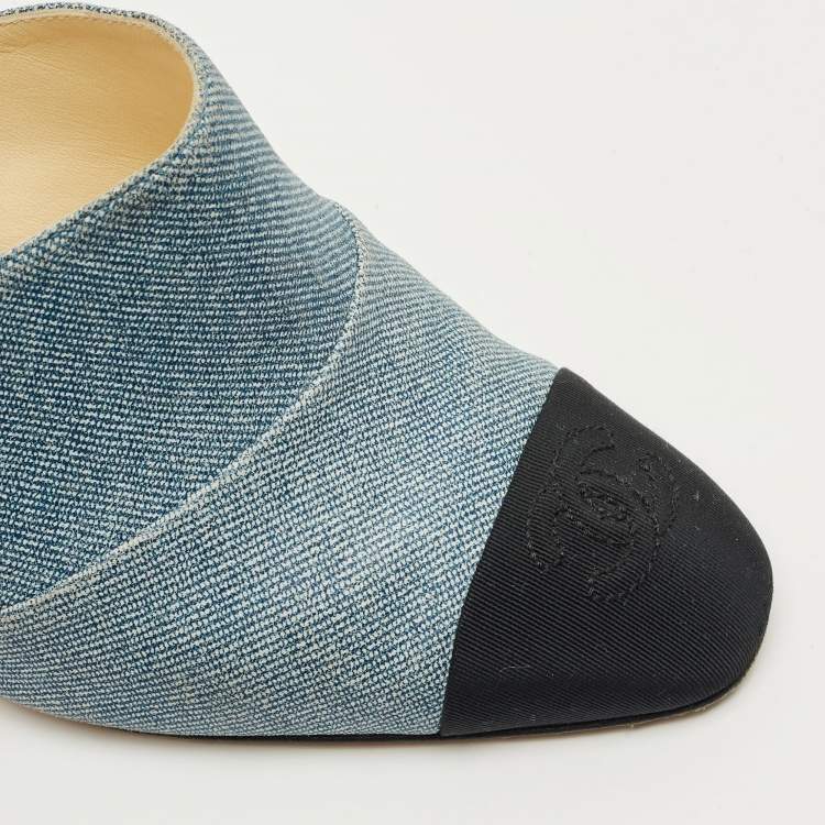 Pre Owned Chanel Blue/Black Denim and Fabric CC Cap Toe Mules Size 36