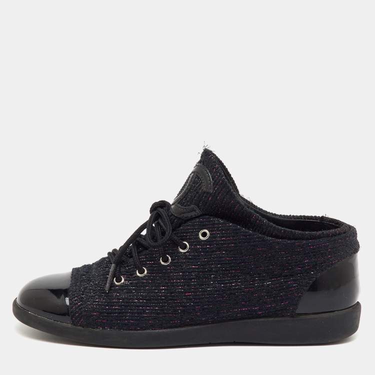 Pre Owned Chanel Black Patent Leather and Shimmer Tweed CC Cap Toe Lace Up Sneakers Size 36