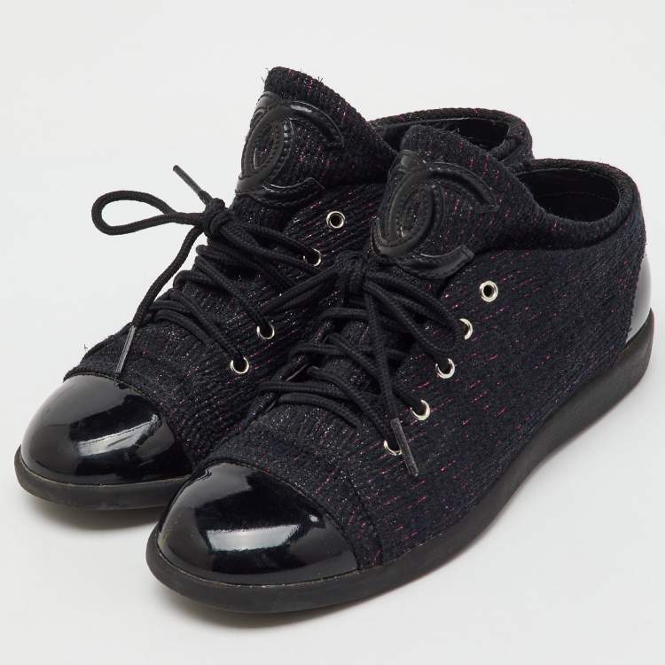 Pre Owned Chanel Black Patent Leather and Shimmer Tweed CC Cap Toe Lace Up Sneakers Size 36