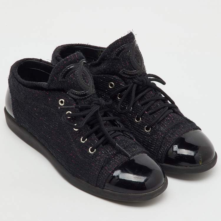 Pre Owned Chanel Black Patent Leather and Shimmer Tweed CC Cap Toe Lace Up Sneakers Size 36