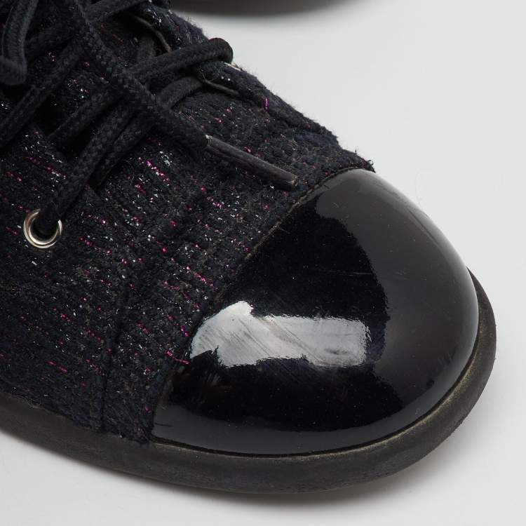 Pre Owned Chanel Black Patent Leather and Shimmer Tweed CC Cap Toe Lace Up Sneakers Size 36