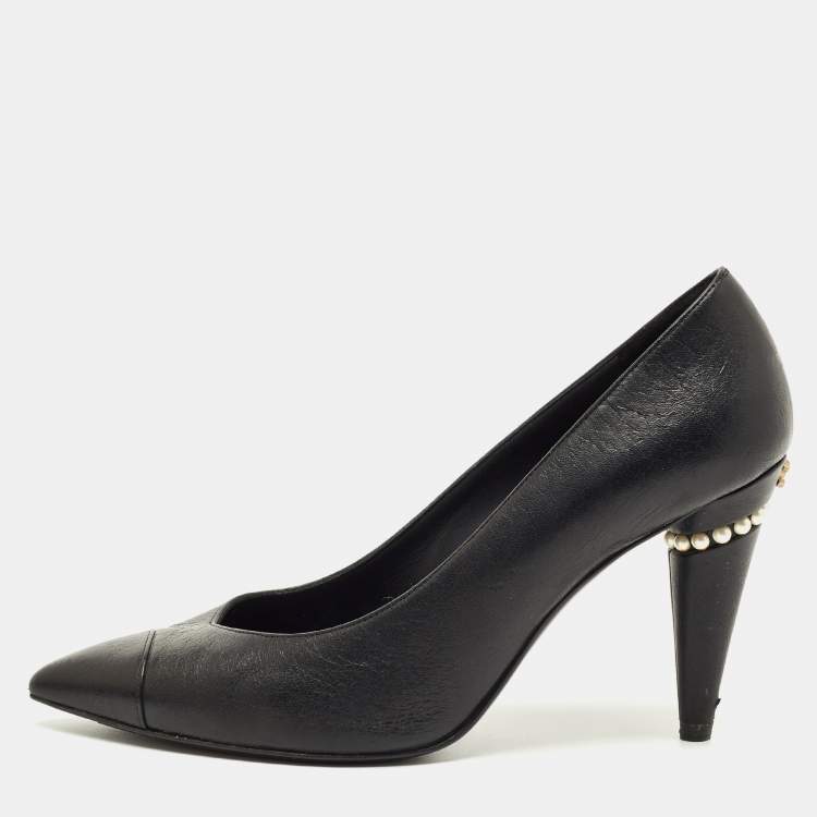 Pre Owned Chanel Black Leather Cap Toe CC Pearl Embellished Heels Pumps Size 39