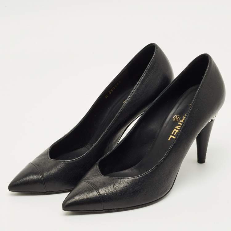 Pre Owned Chanel Black Leather Cap Toe CC Pearl Embellished Heels Pumps Size 39
