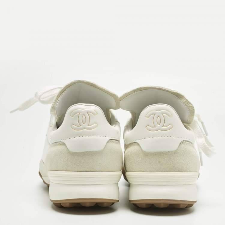Pre Owned Chanel White/Grey Perforated Leather and Suede CC Low Top Sneakers Size 39
