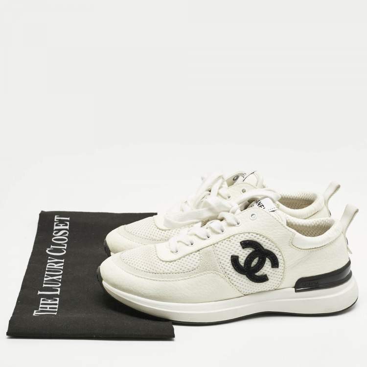 Pre Owned Chanel White/Grey Leather and Mesh CC Lace Up Sneakers Size 36.5