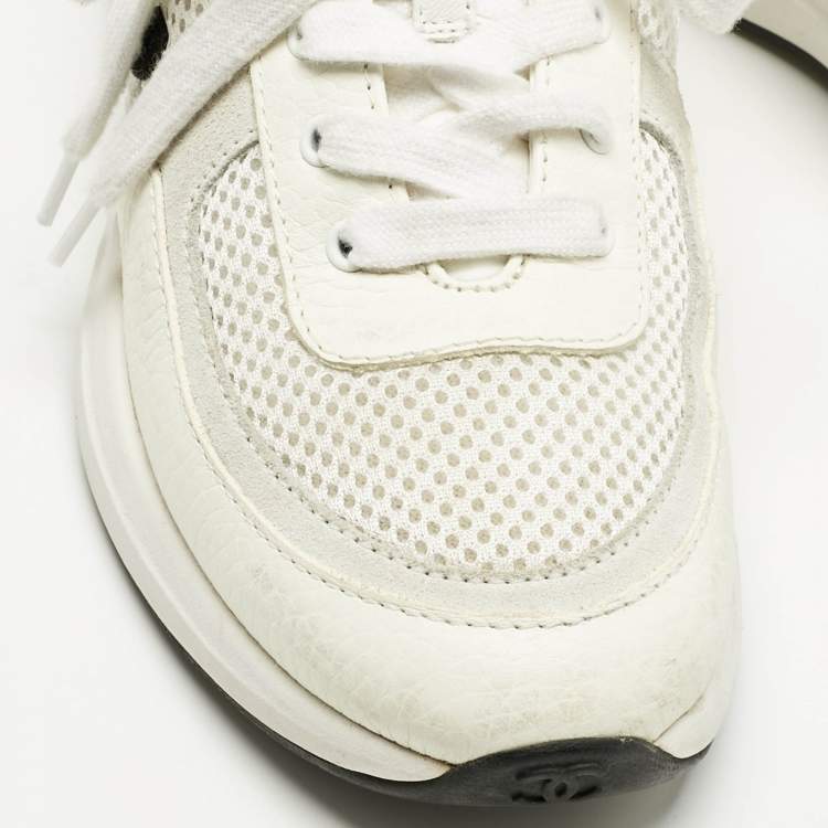 Pre Owned Chanel White/Grey Leather and Mesh CC Lace Up Sneakers Size 36.5
