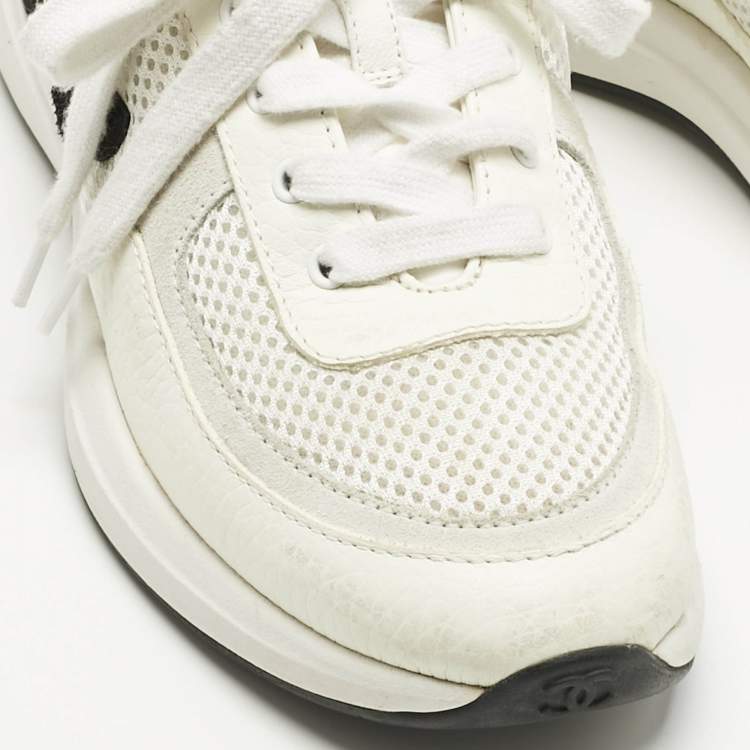 Pre Owned Chanel White/Grey Leather and Mesh CC Lace Up Sneakers Size 36.5