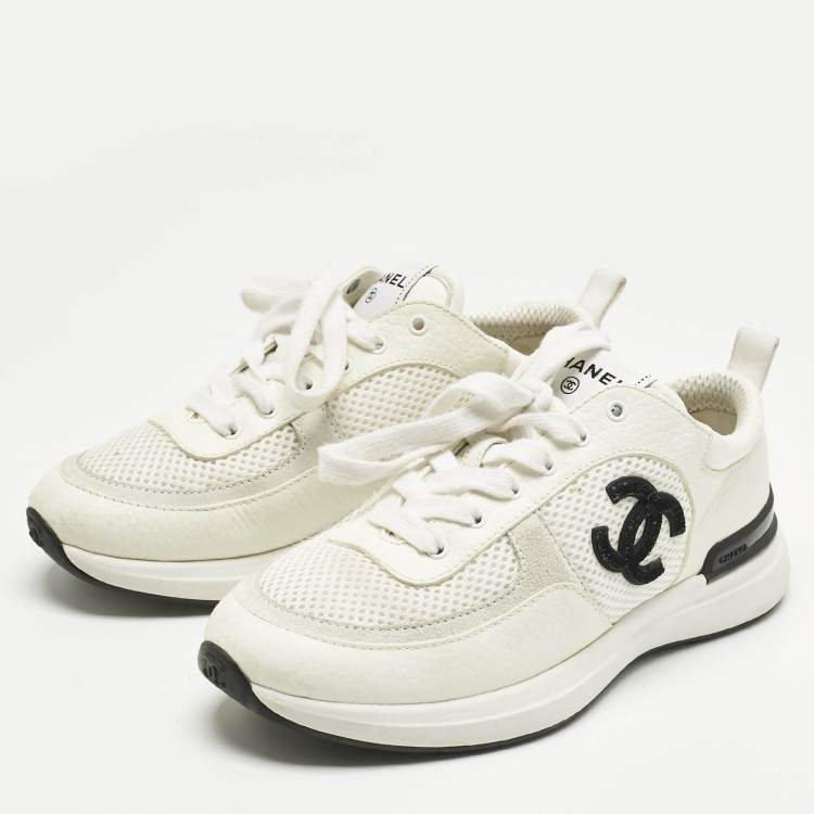 Pre Owned Chanel White/Grey Leather and Mesh CC Lace Up Sneakers Size 36.5