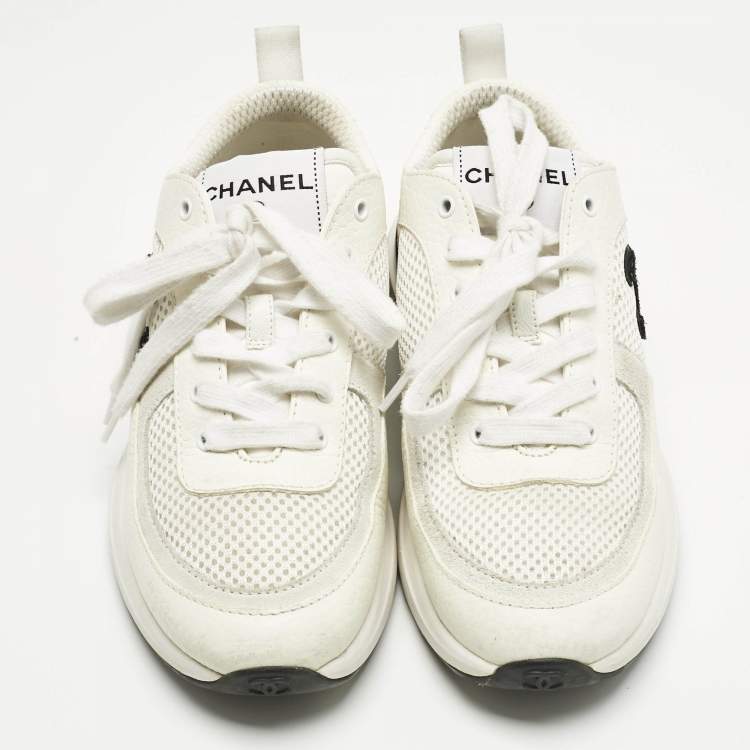 Pre Owned Chanel White/Grey Leather and Mesh CC Lace Up Sneakers Size 36.5