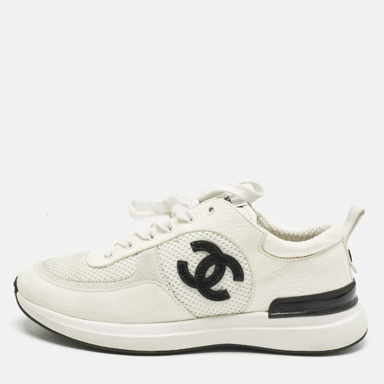 Pre Owned Chanel White/Grey Leather and Mesh CC Lace Up Sneakers Size 36.5