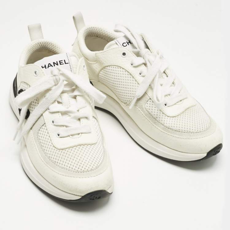 Pre Owned Chanel White/Grey Leather and Mesh CC Lace Up Sneakers Size 36.5