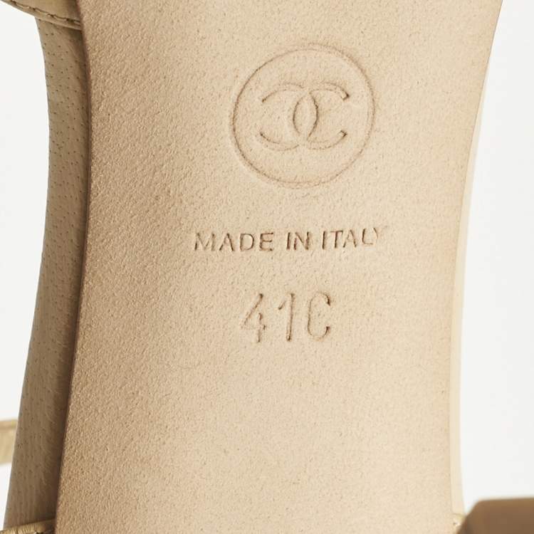 Pre Owned Chanel Beige Leather Camelia Ankle Strap Sandals Size 41