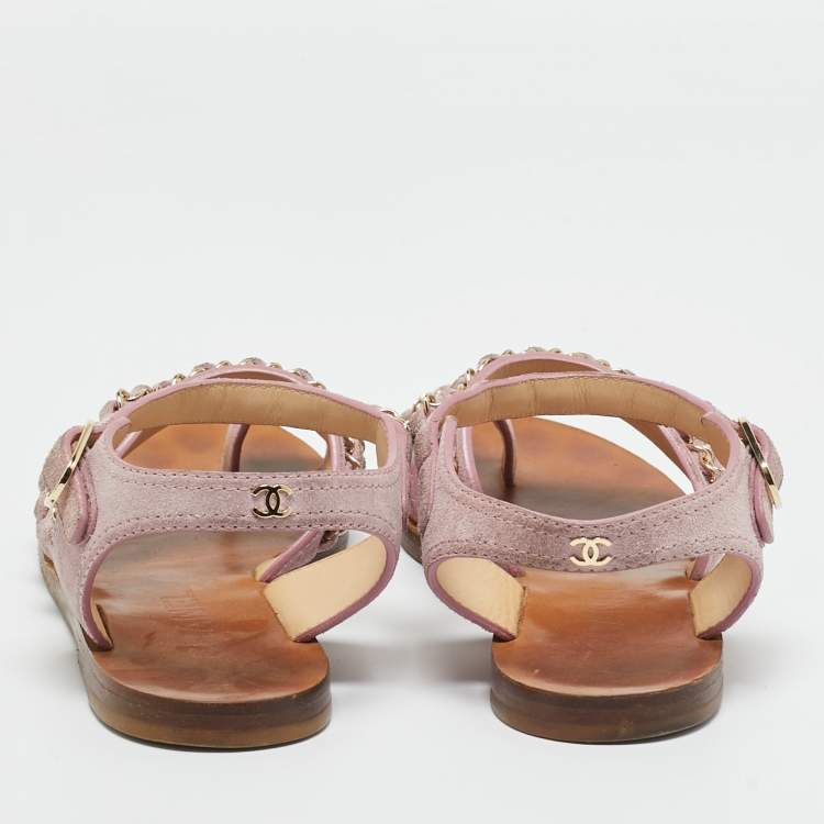 Pre Owned Chanel Purple Suede CC Chain Link Ankle Strap Flat Sandals Size 36