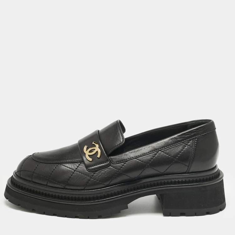 Pre Owned Chanel Black Leather Logo Slip On Loafers Size 38.5