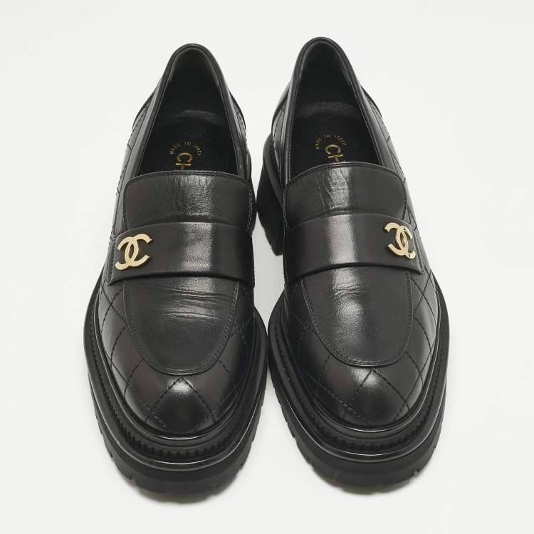 Pre Owned Chanel Black Leather Logo Slip On Loafers Size 38.5