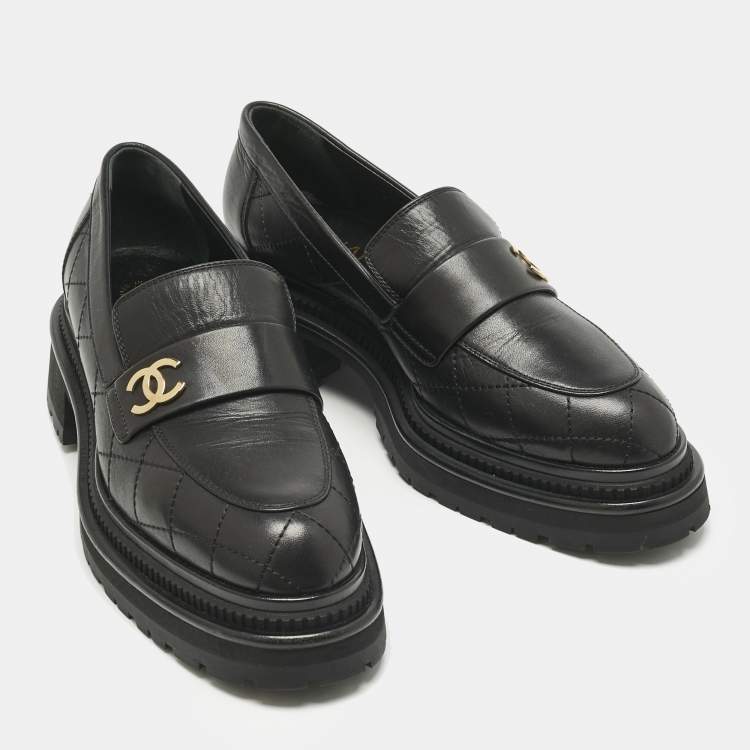 Pre Owned Chanel Black Leather Logo Slip On Loafers Size 38.5