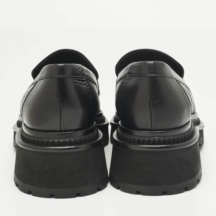 Pre Owned Chanel Black Leather Logo Slip On Loafers Size 38.5