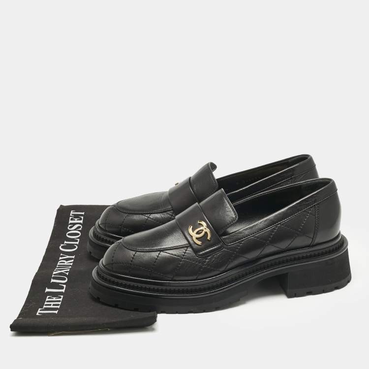 Pre Owned Chanel Black Leather Logo Slip On Loafers Size 38.5