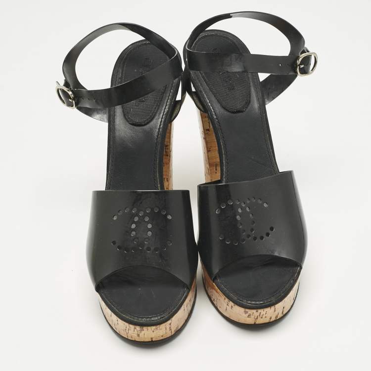 Pre Owned Chanel Black Jelly Cork Platform Ankle Strap Sandals Size 42