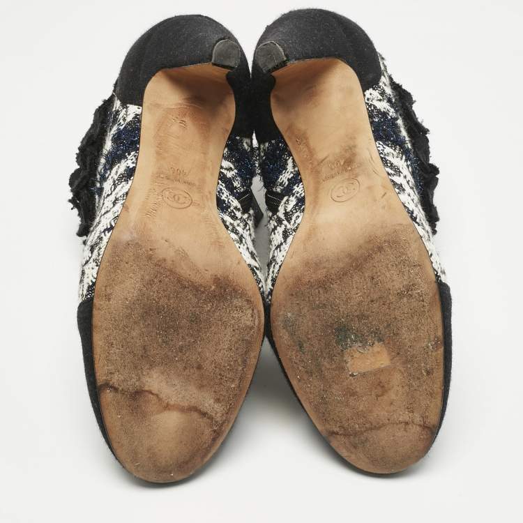 Pre Owned Chanel Multicolor Knit Fabric Flower Embellished Ankle Length Boots Size 40