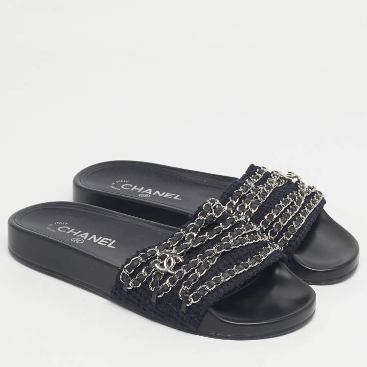 Pre Owned Chanel Navy Blue Tweed Tropiconic Chain Detail Flat Slides Size 38