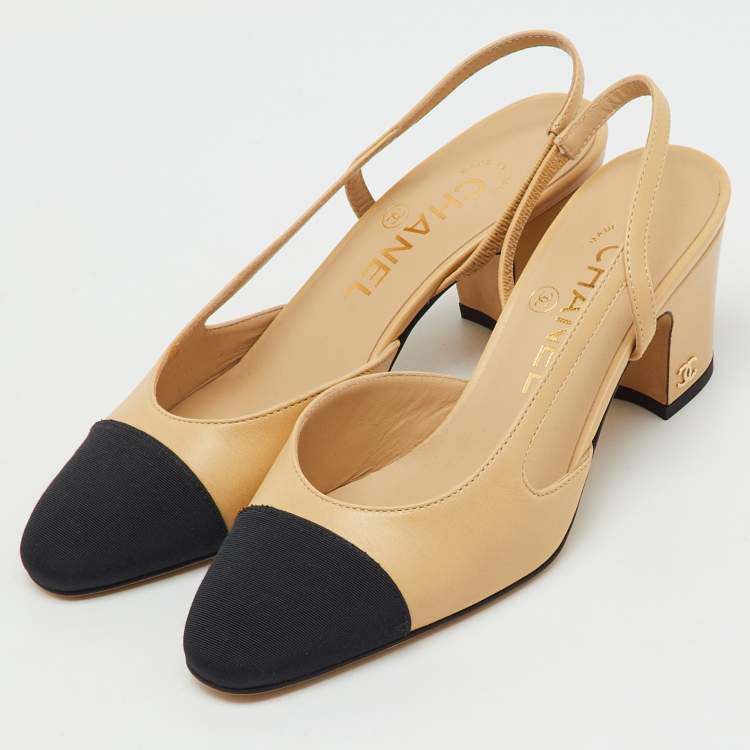 Pre Owned Chanel Beige/Black Leather and Canvas CC Cap Toe Slingback Pumps Size 35