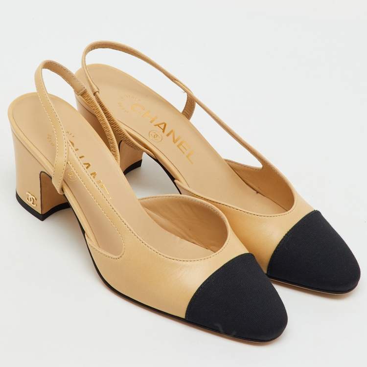 Pre Owned Chanel Beige/Black Leather and Canvas CC Cap Toe Slingback Pumps Size 35