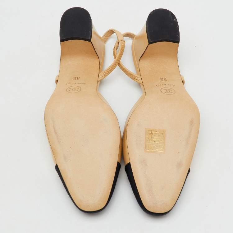 Pre Owned Chanel Beige/Black Leather and Canvas CC Cap Toe Slingback Pumps Size 35