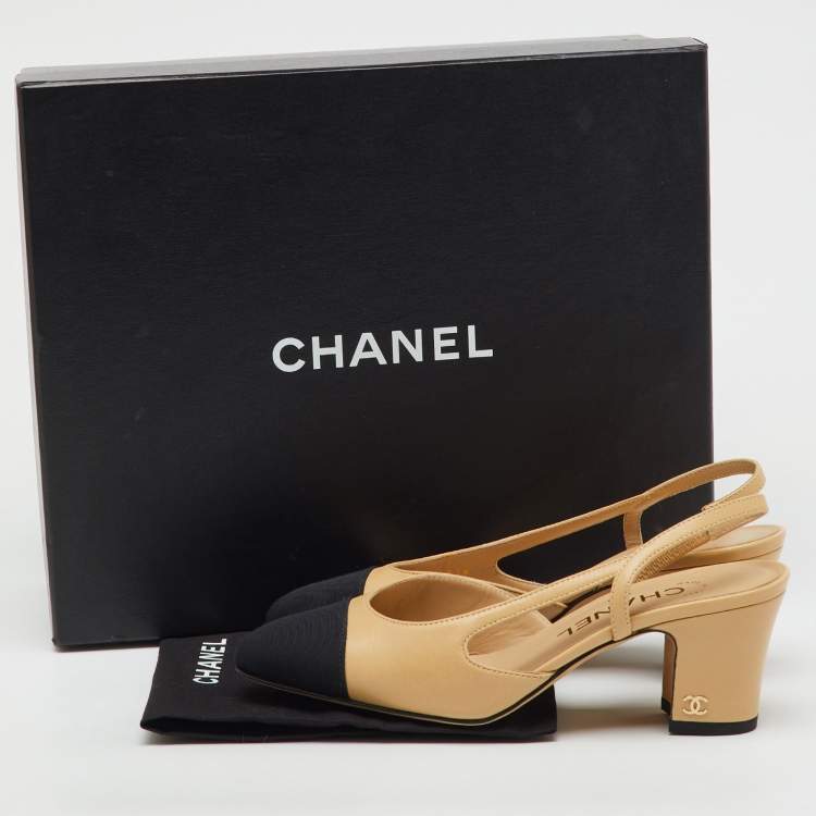 Pre Owned Chanel Beige/Black Leather and Canvas CC Cap Toe Slingback Pumps Size 35