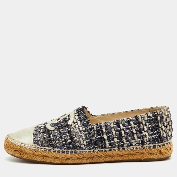 Pre Owned  Chanel Multicolor Leather and Tweed CC Cap Toe Espadrille Flats Size 39