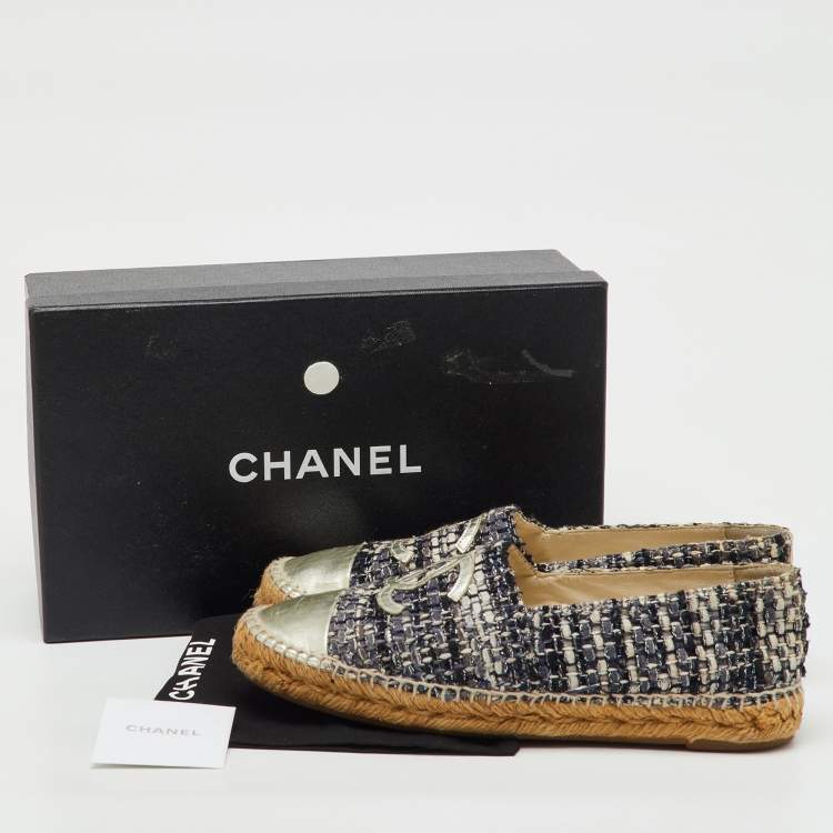 Pre Owned  Chanel Multicolor Leather and Tweed CC Cap Toe Espadrille Flats Size 39