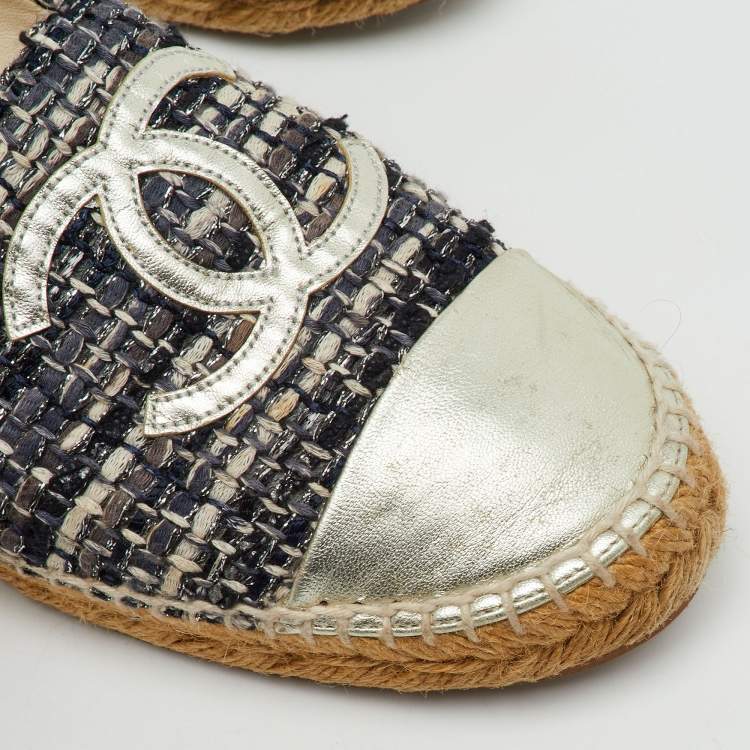 Pre Owned  Chanel Multicolor Leather and Tweed CC Cap Toe Espadrille Flats Size 39