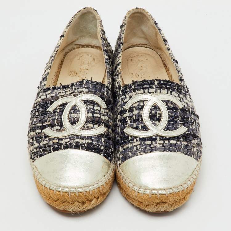 Pre Owned  Chanel Multicolor Leather and Tweed CC Cap Toe Espadrille Flats Size 39