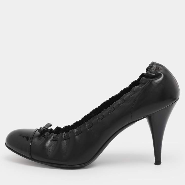Pre Owned Chanel Black Leather Bow Pumps Size 38.5