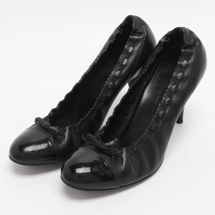 Pre Owned Chanel Black Leather Bow Pumps Size 38.5