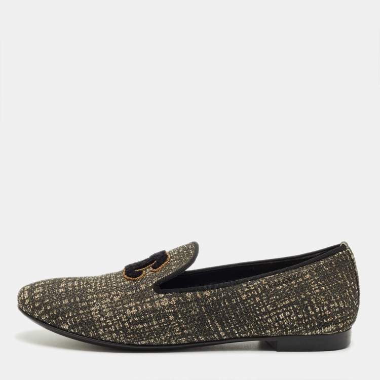 Pre Owned Chanel Black/Gold Glitter CC Smoking Slippers Size 35