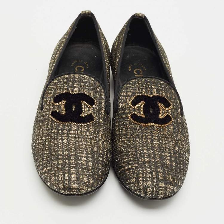 Pre Owned Chanel Black/Gold Glitter CC Smoking Slippers Size 35