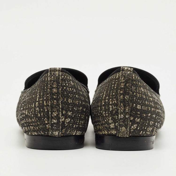 Pre Owned Chanel Black/Gold Glitter CC Smoking Slippers Size 35