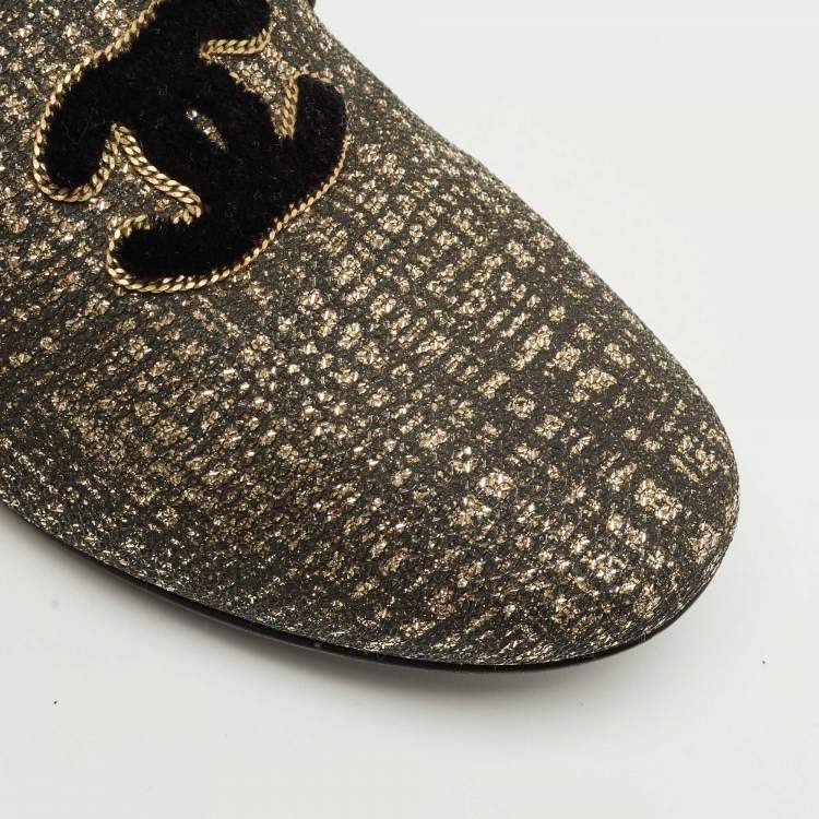 Pre Owned Chanel Black/Gold Glitter CC Smoking Slippers Size 35