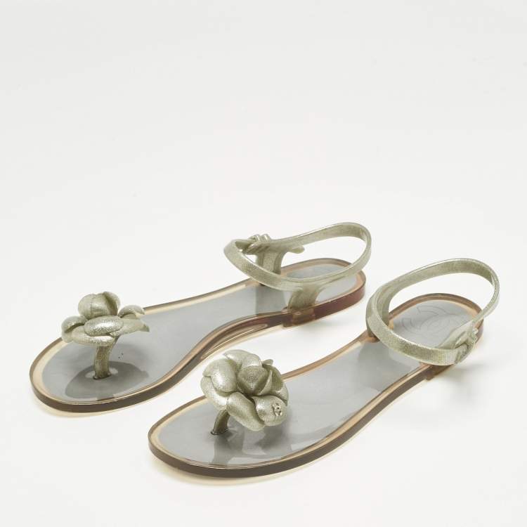 Pre Owned Chanel Metallic Silver Jelly Camellia Ankle Strap Sandals Size 38