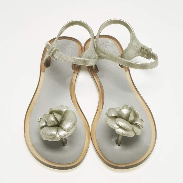 Pre Owned Chanel Metallic Silver Jelly Camellia Ankle Strap Sandals Size 38