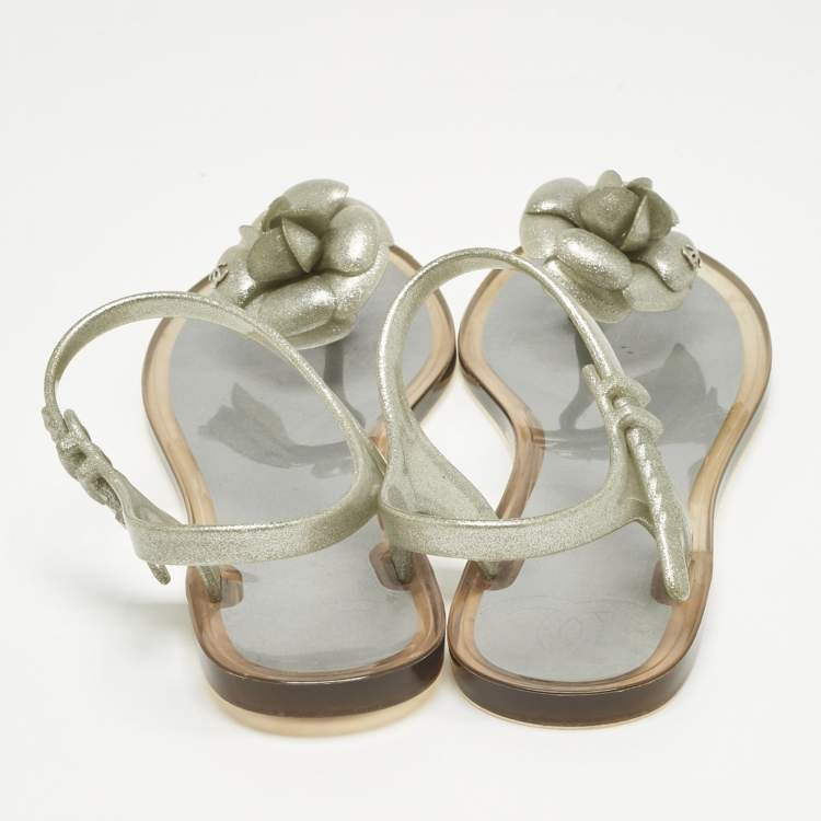 Pre Owned Chanel Metallic Silver Jelly Camellia Ankle Strap Sandals Size 38