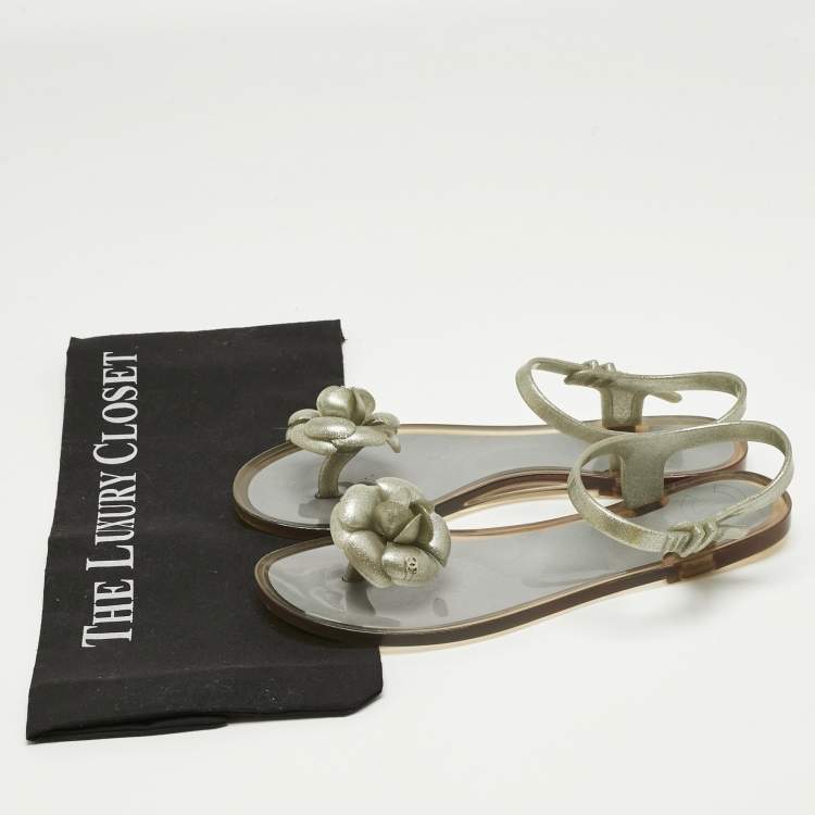 Pre Owned Chanel Metallic Silver Jelly Camellia Ankle Strap Sandals Size 38