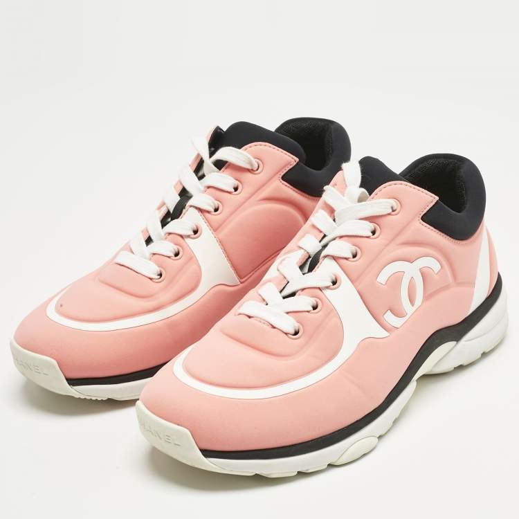 Pre Owned Chanel Pink/White Nylon CC Low Top Sneakers Size 38