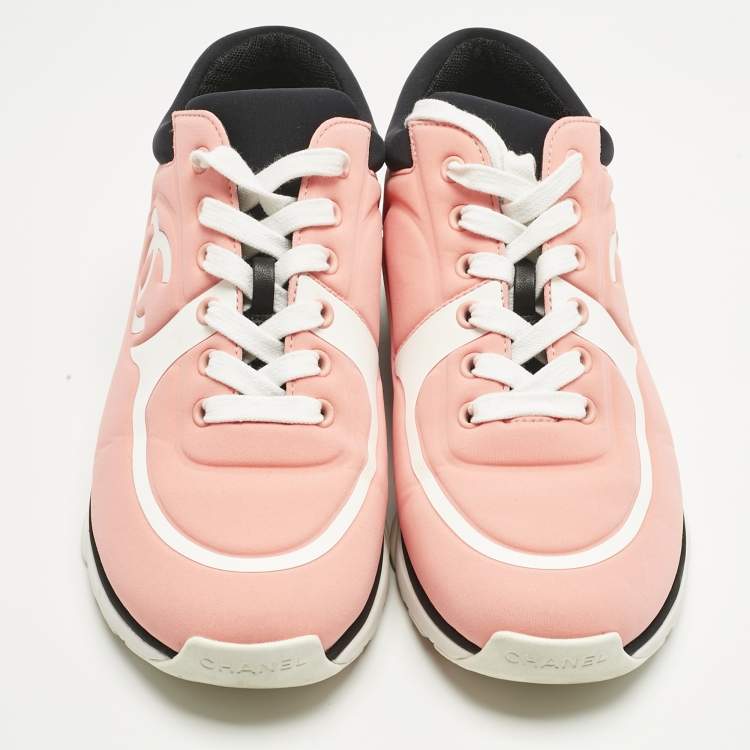 Pre Owned Chanel Pink/White Nylon CC Low Top Sneakers Size 38