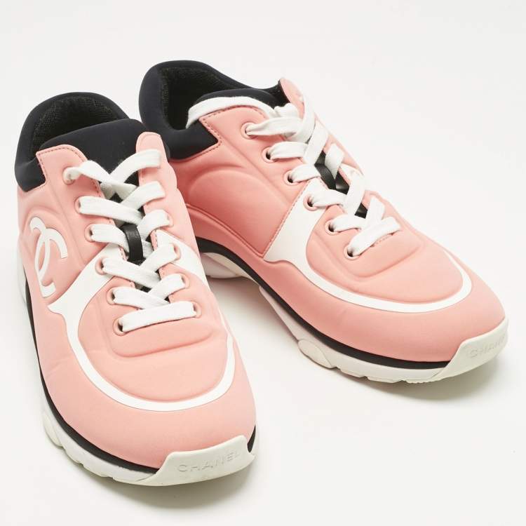 Pre Owned Chanel Pink/White Nylon CC Low Top Sneakers Size 38