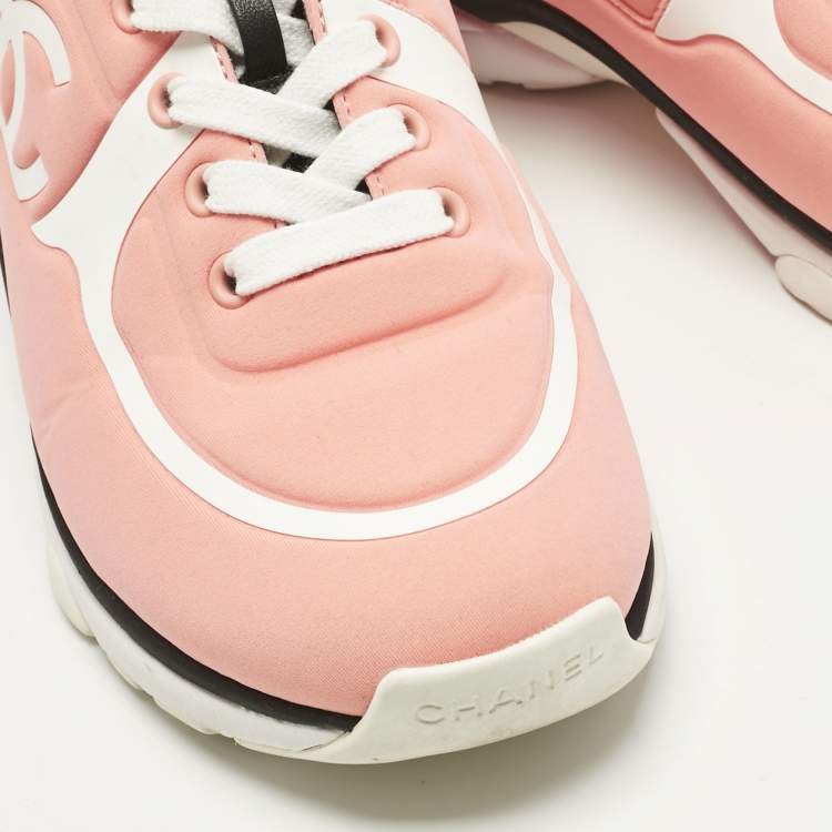 Pre Owned Chanel Pink/White Nylon CC Low Top Sneakers Size 38