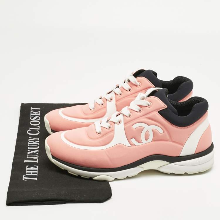 Pre Owned Chanel Pink/White Nylon CC Low Top Sneakers Size 38