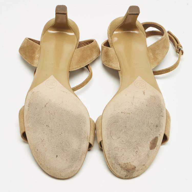 Pre Owned Chanel Brown Suede CC Ankle Strap Sandals Size 38
